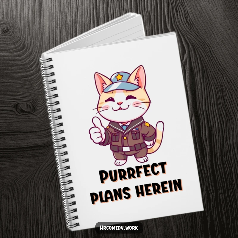 Funny notebook with a cat in a small uniform, enthusiastically giving a thumbs up, perfect for jotting down notes and ideas.