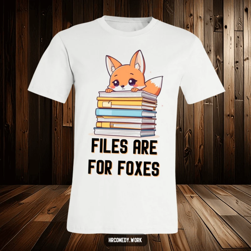Funny t-shirt featuring a playful fox peeking over a large stack of documents, a design full of wit and charm.