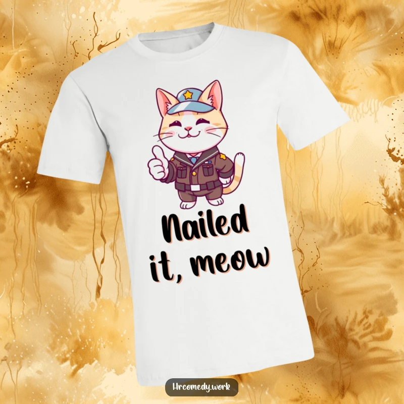 Funny t-shirt featuring a cat in a small uniform, enthusiastically giving a thumbs up, representing approval and joy.