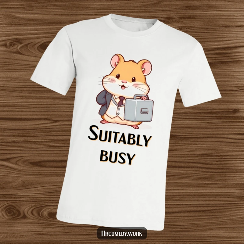 Chubby hamster in a tiny suit holds a miniature filing cabinet, funny t-shirt, office worker graphic, professional rodent, gift.