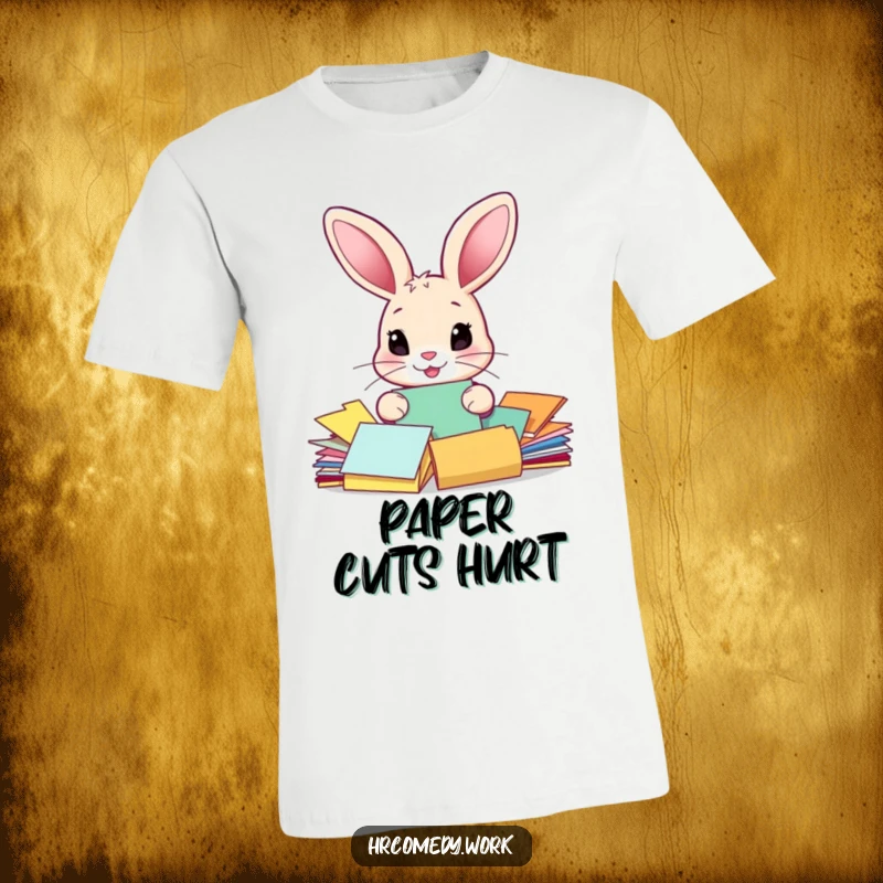 Funny t-shirt featuring a big-eared rabbit energetically sorting vibrant paper documents, embodying a cute and humorous office scene.