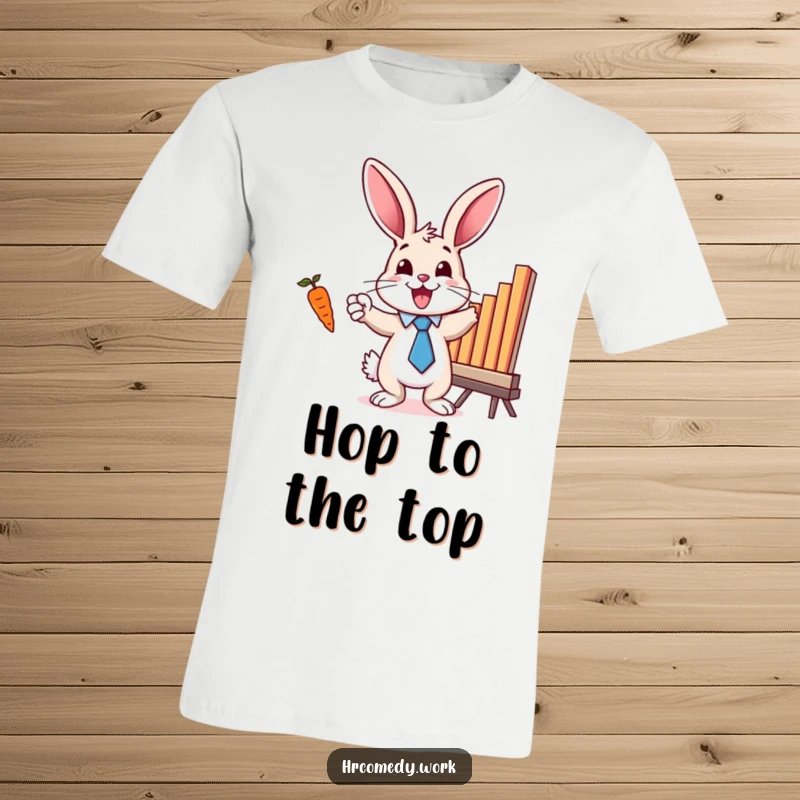 Funny t-shirt featuring a bunny in a tie, enthusiastically pointing at a bar chart with a carrot, representing success.