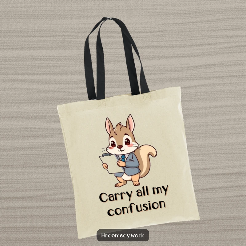 Funny tote bag featuring a squirrel in a tiny suit holding a large clipboard, looking completely confused and overwhelmed.