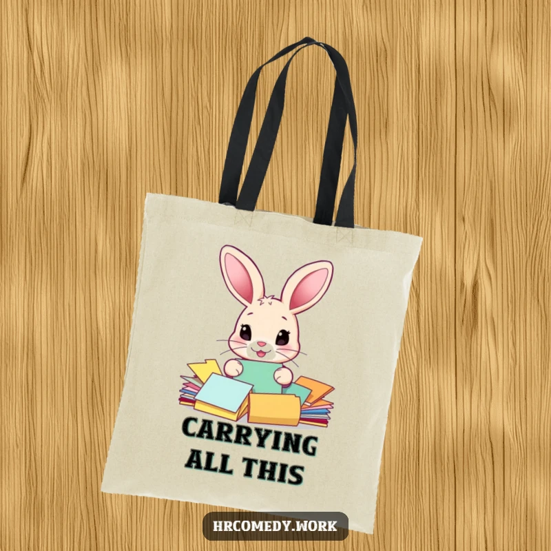 Funny tote bag showcasing a cute rabbit with big ears sorting a pile of colorful documents, perfect for a humorous and practical accessory.