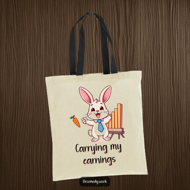 Funny tote bag featuring a bunny in a tie, excitedly pointing at a bar chart with a carrot, ideal for carrying essentials.