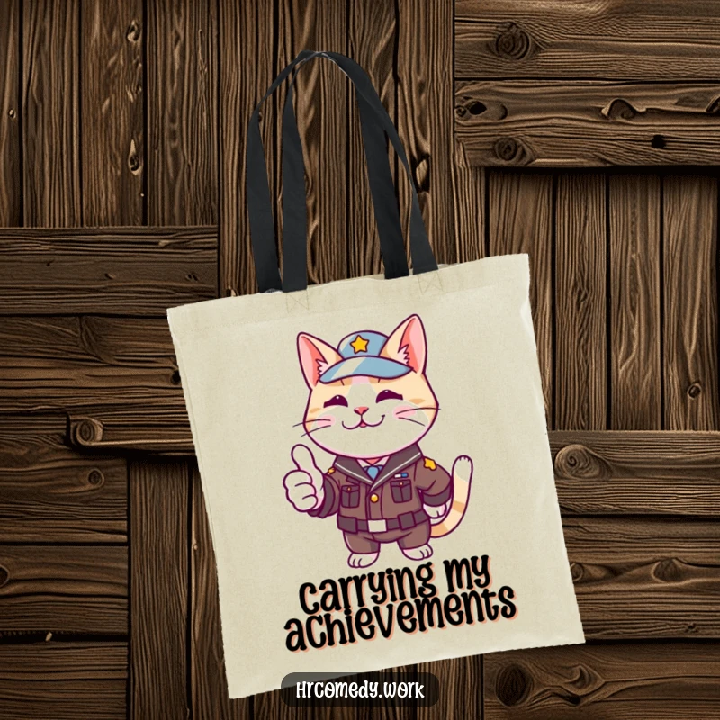 Funny tote bag featuring a cat in a small uniform, enthusiastically giving a thumbs up, perfect for stylish everyday use.