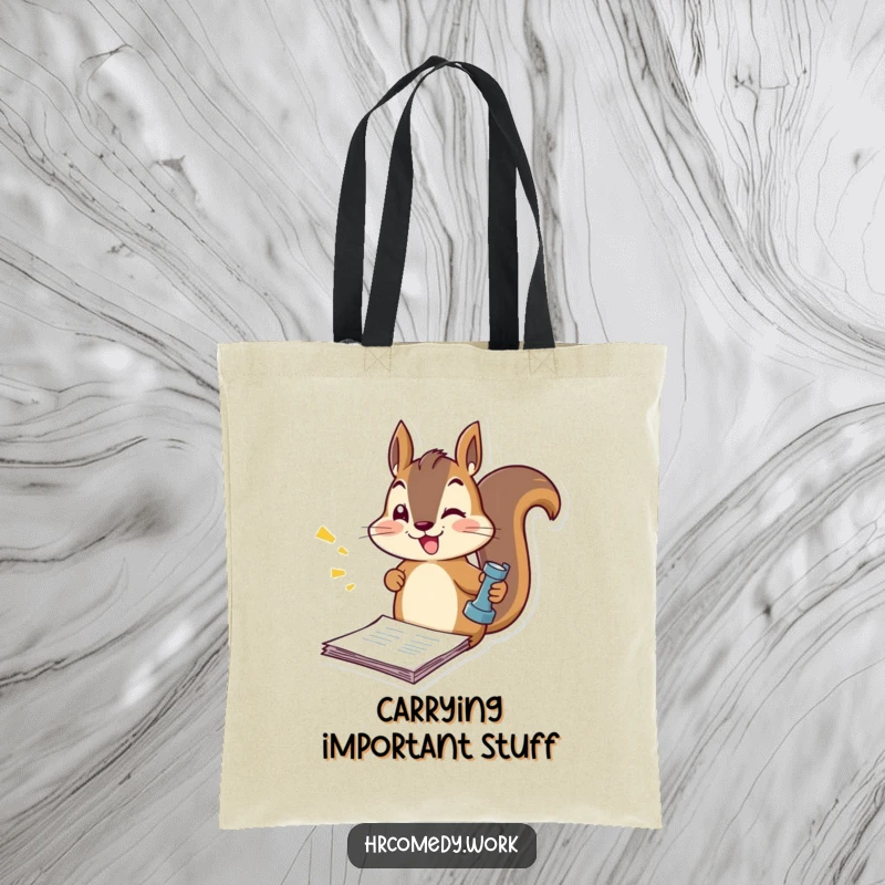 Funny tote bag with a squirrel energetically stamping official documents, a humorous and practical accessory for the organized individual.