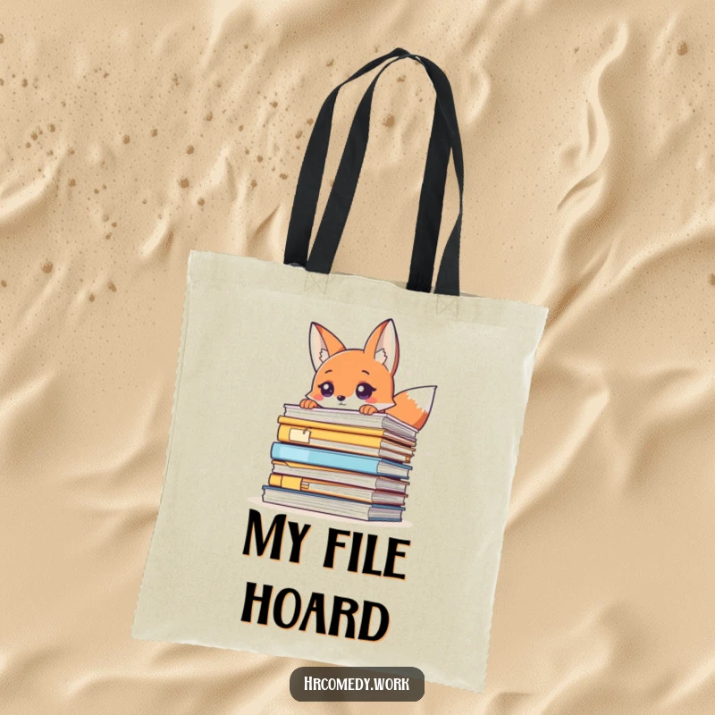 Funny tote bag with a playful fox peeking over a large stack of files, a humorous and practical accessory for the curious.